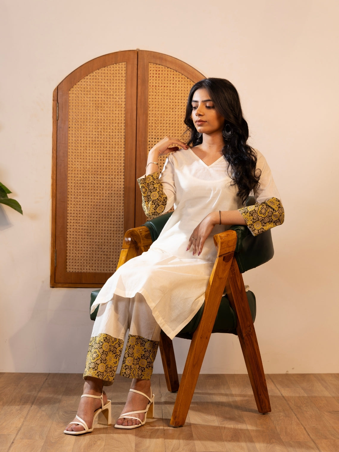 Saanjh: White Khadi Kurta Set with Handblock Details