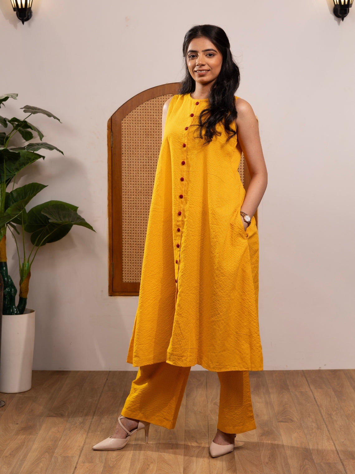 Sharvani – Yellow Cotton Kurta Set with Kantha Print
