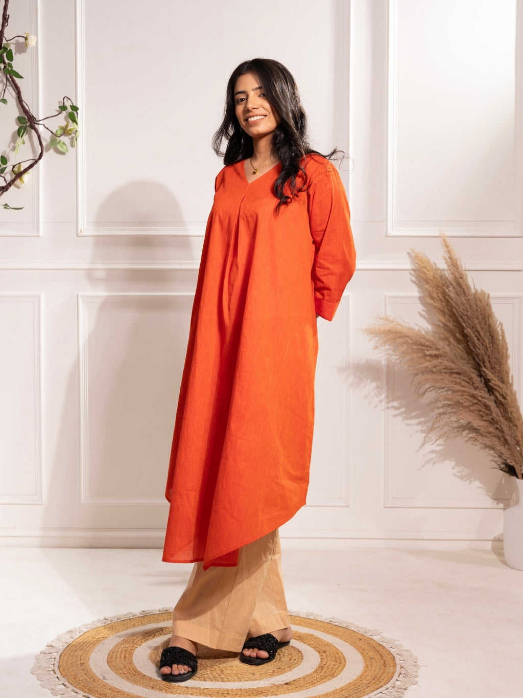 Kumud – Orange Kurta Set with Beige Pants in Khadi Cotton