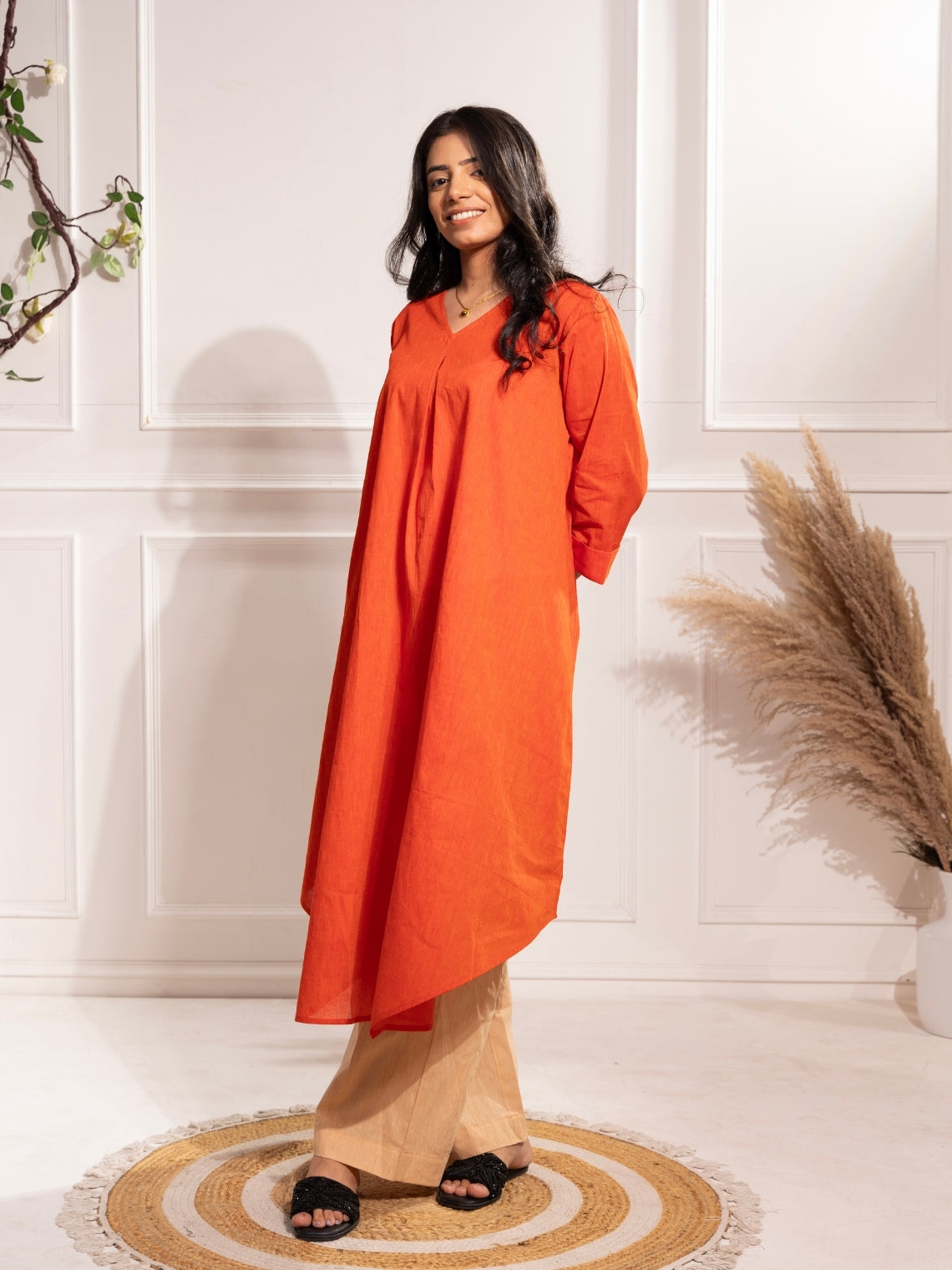Kumud – Orange Kurta Set with Beige Pants in Khadi Cotton