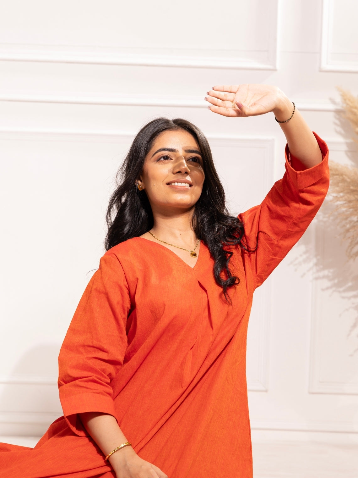 Kumud – Orange Kurta Set with Beige Pants in Khadi Cotton
