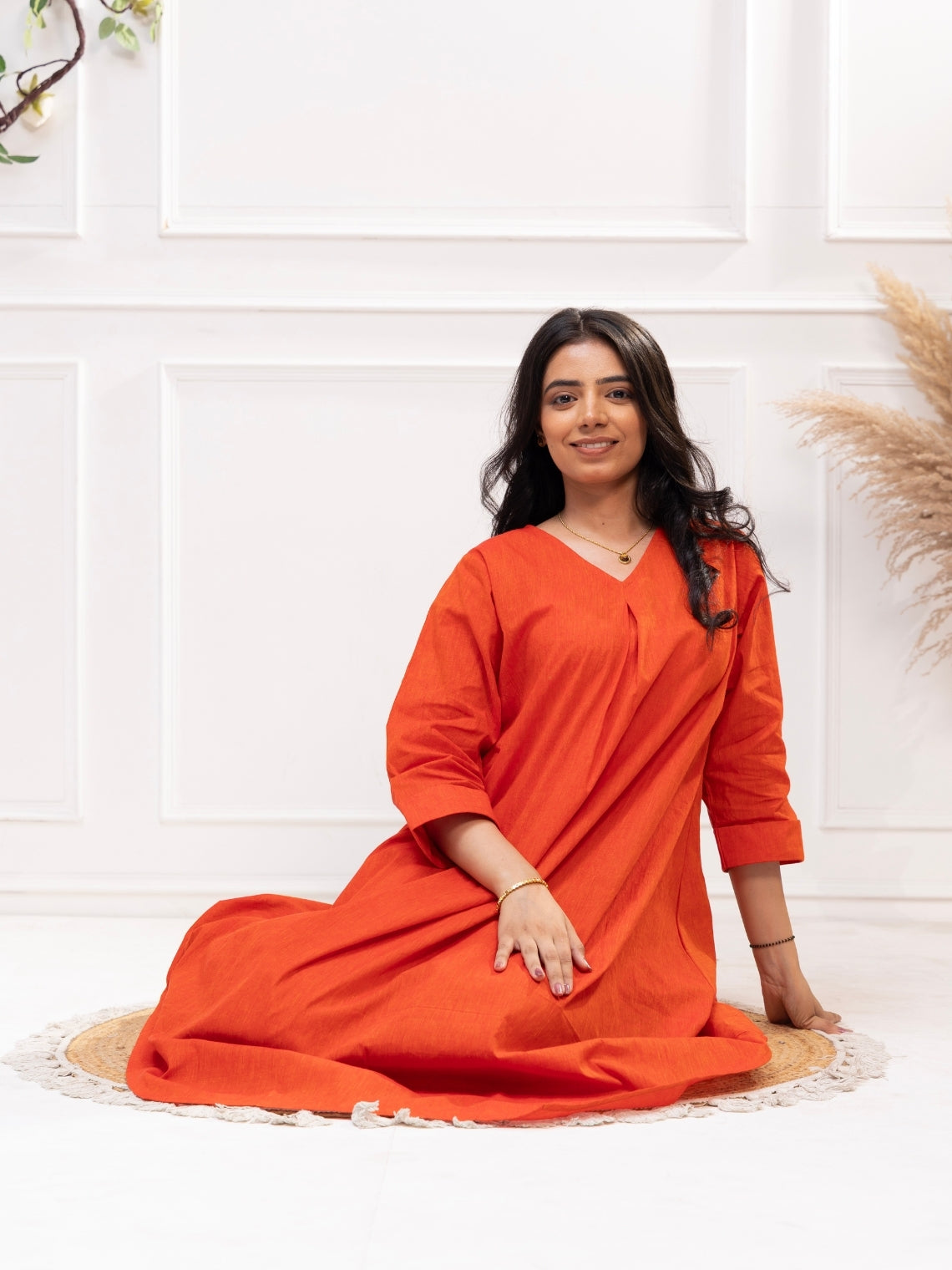 Kumud – Orange Kurta Set with Beige Pants in Khadi Cotton