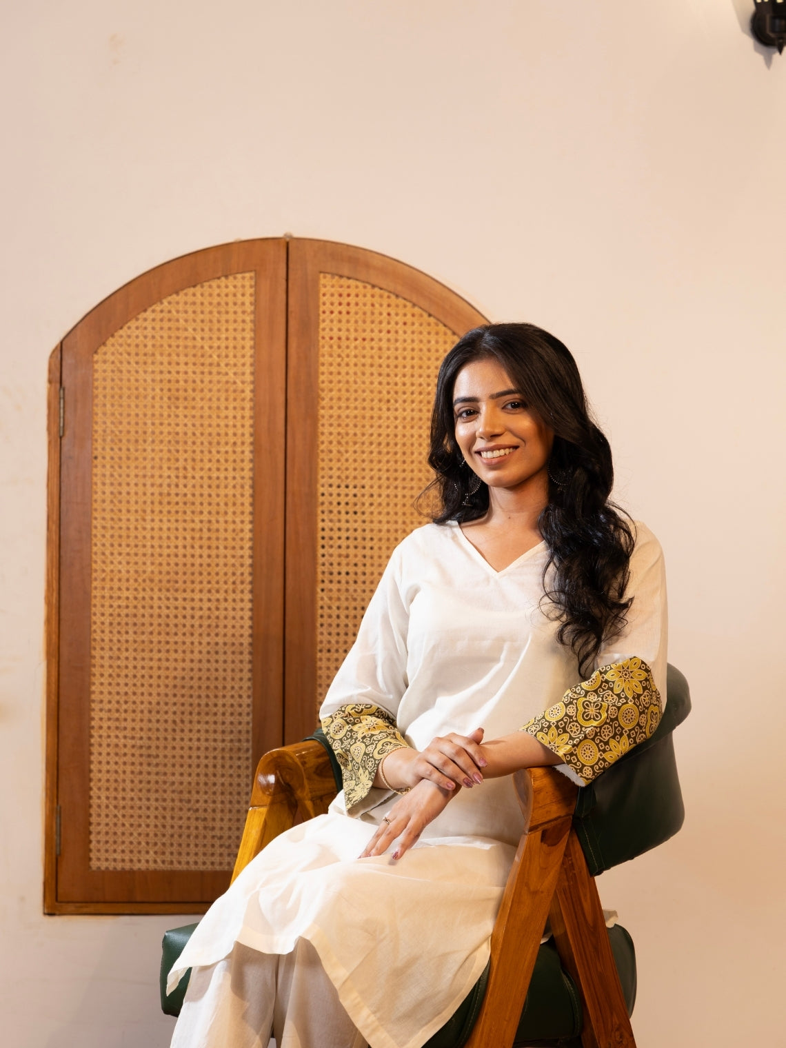 Saanjh: White Khadi Kurta Set with Handblock Details