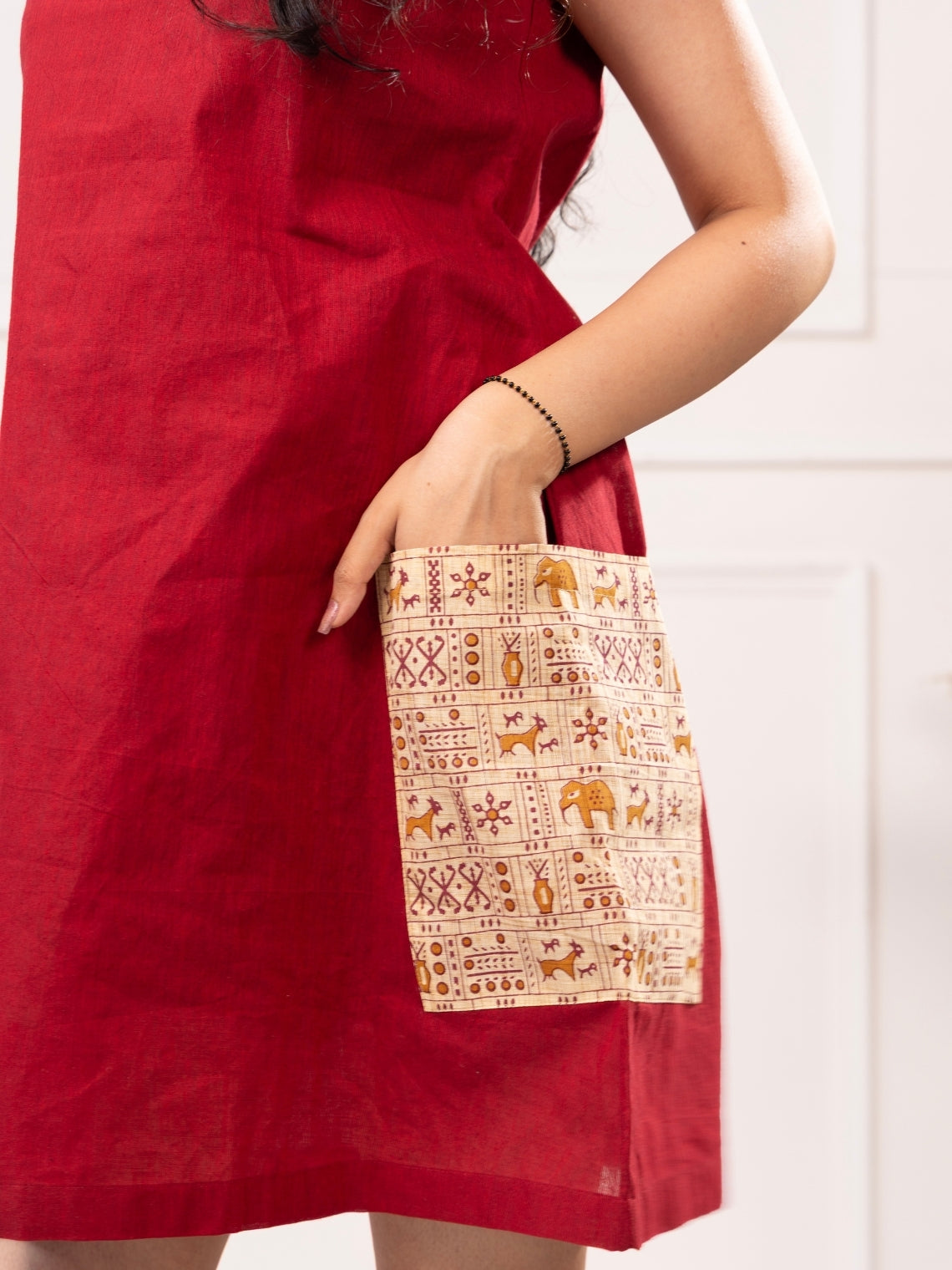 Taru: Red Khadi Pocket Dress with Handblock Charm