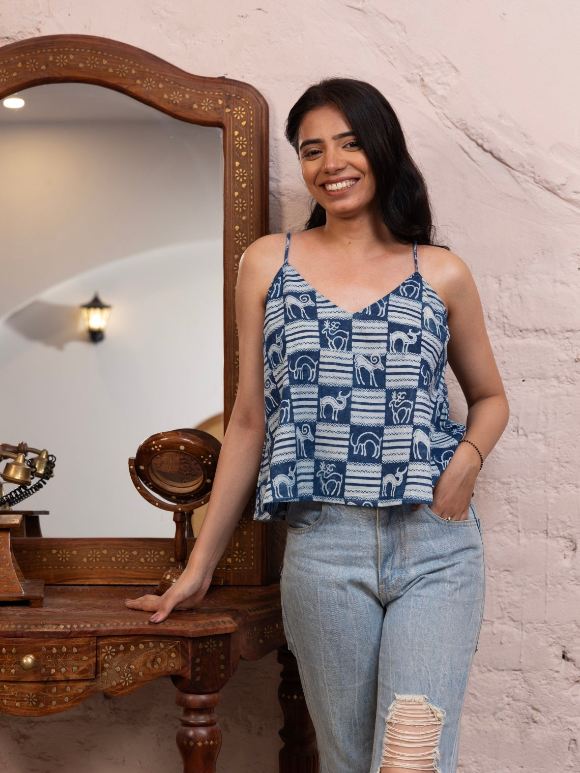 Mrigaa – Elephant & Stripe Block Print Crop Top