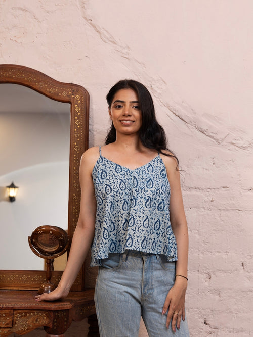Indira – Indigo Leaf Block Print Crop Top