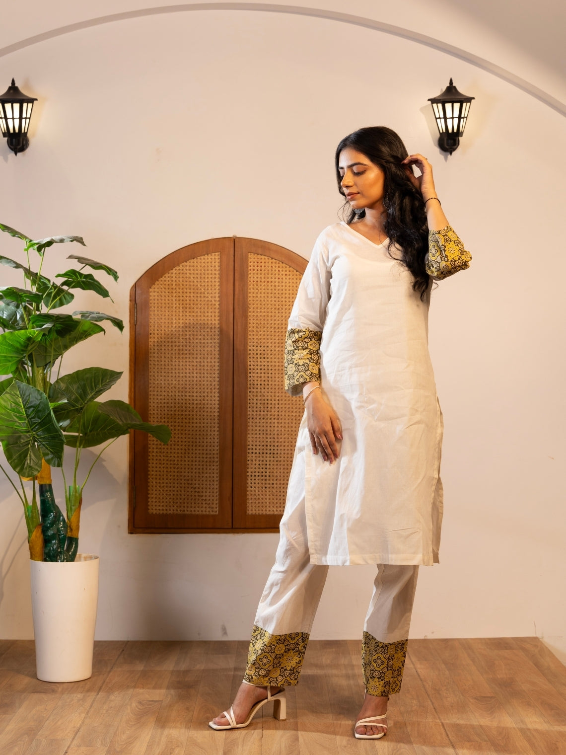 Saanjh: White Khadi Kurta Set with Handblock Details