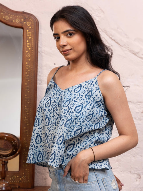 Indira – Indigo Leaf Block Print Crop Top