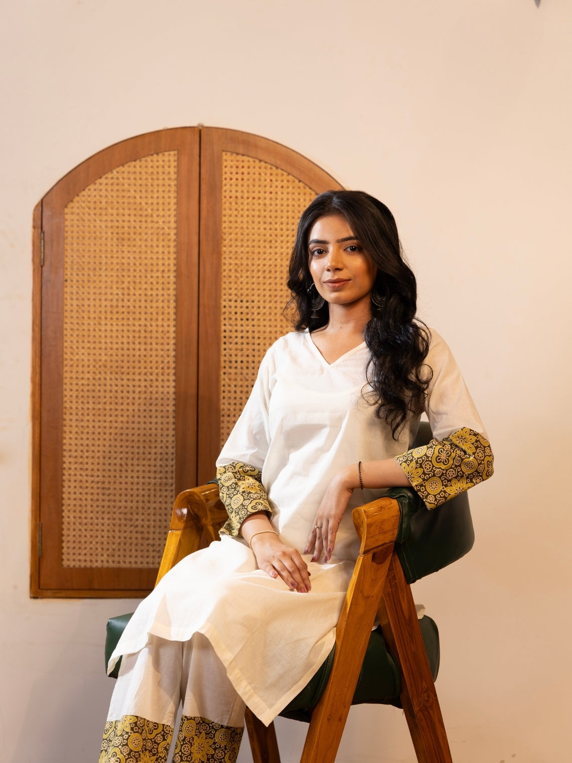 Saanjh: White Khadi Kurta Set with Handblock Details