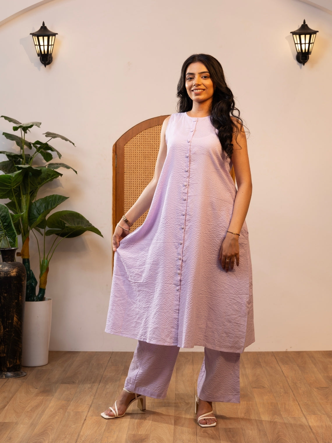Chhavi – Lavender Kantha Cotton Kurta Set