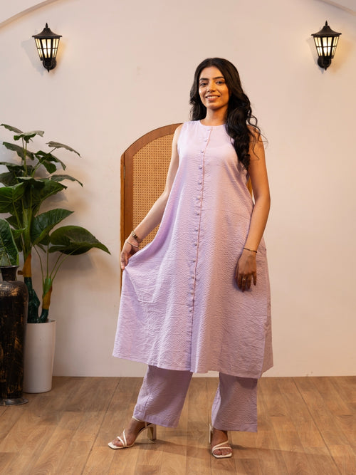 Chhavi – Lavender Kantha Cotton Kurta Set